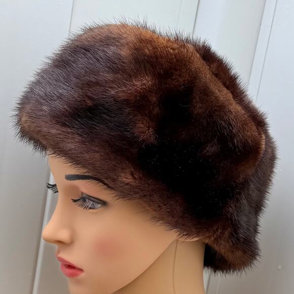 Vintage 60s Genuine Mink Fur Women’s Jackie Kennedy Brown Demi Buff Pillbox Hat main image 6